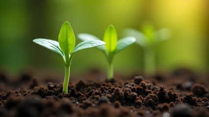 Tiny Green Seedlings Sprouting in Fertile Soil, Symbolizing New Life and Growth