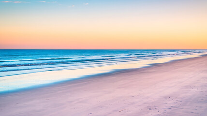 Obraz premium Pastel beach at sunrise or sunset. Gentle waves on shore.