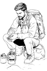 Hiker Cooking Meal On Portable Stove, coloring book design, vector illustration