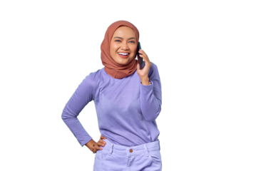 Cheerful young Asian woman talking on a mobile phone with her boyfriend isolated on transparent background