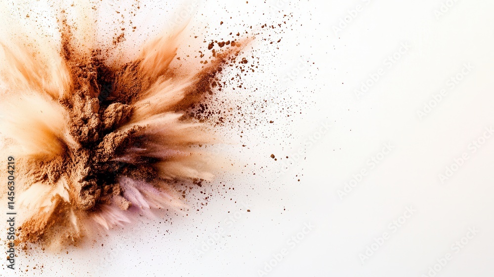 Poster brown powder exploding on a white background, creating a colorful cloud with particles of different 