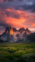 Fototapeta premium Mountain peaks bathed in sunset light. Dramatic clouds. Vast valley.