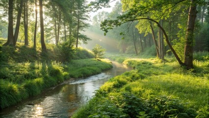 Fototapeta premium Sunlit River in Lush Forest Landscape Photography, Nature Scenery, Morning Mist, river, forest