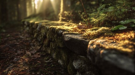 Obraz premium Stone wall covered in moss with sunlight filtering through trees in forest.