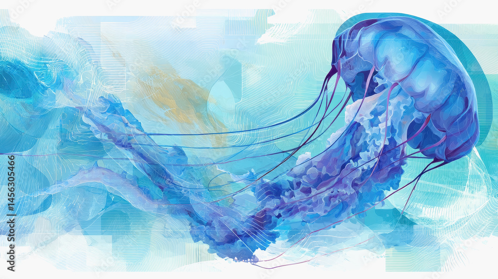 Poster graceful jellyfish captured in motion with flowing tentacles creating an ethereal underwater scene