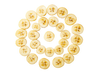 Fototapeta premium A banana sliced into thin rounds, spread evenly in a circular arrangement,Transparent background, PNG file