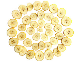 Fototapeta premium A banana sliced into thin rounds, spread evenly in a circular arrangement,Transparent background, PNG file