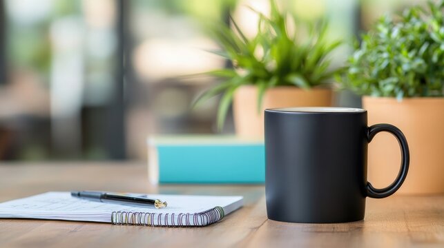 Black coffee mug notepad and pen on wooden desk