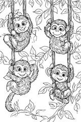Obraz premium Monkeys Swinging Through Forest Canopy, coloring book design, vector illustration