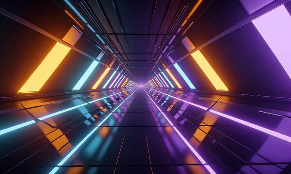Sci-fi video showing endless tunnel made of shifting neon lights moving continuously into infinite futuristic digital horizon