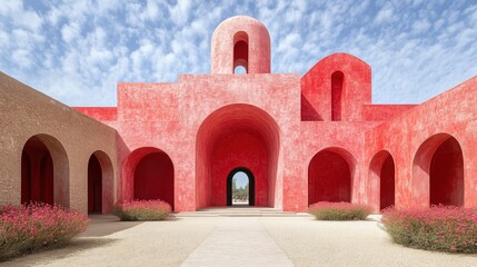 Fototapeta premium Sunbaked terra cotta architecture in desert locale evoking cultural heritage and timeless charm through arches and weathered walls