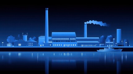 Obraz premium Industrial power plant graphic at night reflecting the water in a technological abstract futuristic style with cold light shades