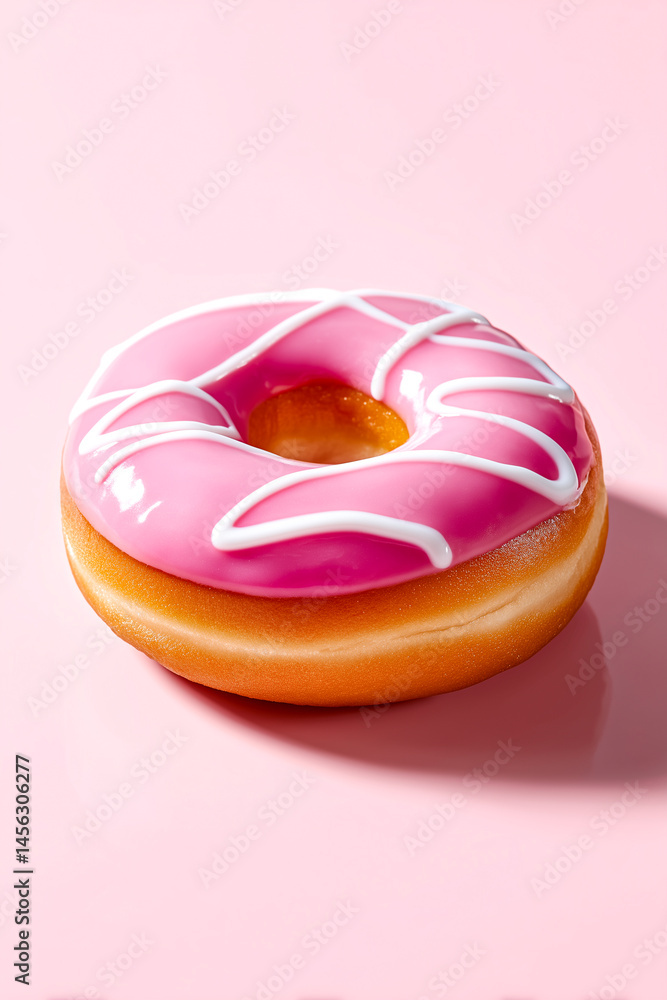 Aufkleber glazed donut with pink icing and white drizzle sits on soft pink backdrop creating vibrant visual ap