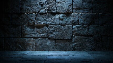 Dark stone wall and floor with dramatic lighting creates a moody atmosphere.