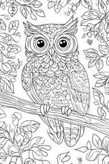 Fototapeta premium Owl Perched On Branch Watching, coloring book design, vector illustration