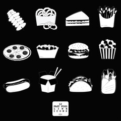 12 black-white fast food line icons