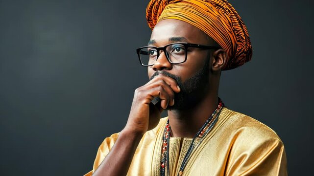 Proud African American man in a traditional agbada, standing with arms crossed i Black History Month. digital