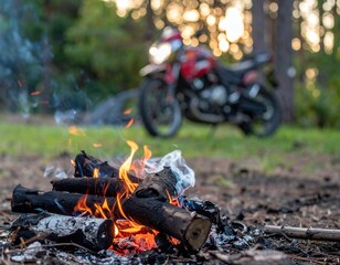 campfire with motorcycle in background at campsite