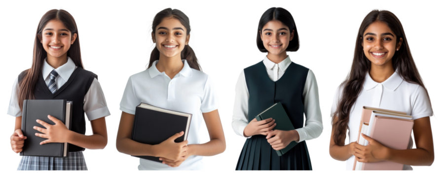 PNG High school british half indian girl private school student smiling uniform holding., transparent background