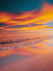 Sunset over ocean, vibrant colors. Peaceful beach scene.