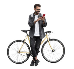 Young handsome man with bike and smartphone isolated transparent PNG, Full length portrait of...