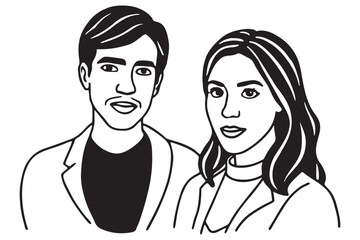 Professional Black and White Portrait of Man and Woman, Stylized Vector Illustration of Business Couple, Elegant Line Art of Male and Female Characters