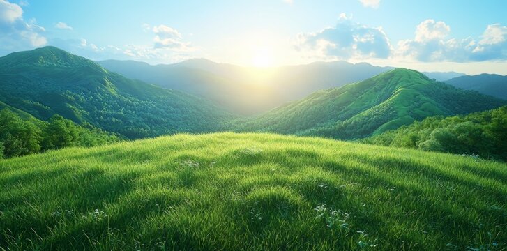 A bright sky with fluffy clouds overlooks lush green rolling hills in a tranquil countryside landscape