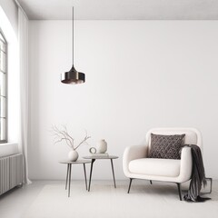 Modern minimalist living room with stylish decor, neutral tones, large window, elegant pendant light, cozy armchair, and simple coffee table arrangement