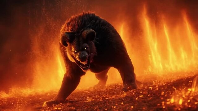 Ferocious beast standing fearlessly on burning ground with rising flames