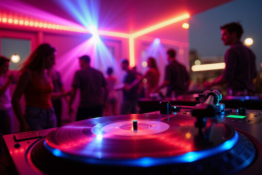 Vinyl record spinning on turntable with dj playing music for dancing people at night club with neon lights