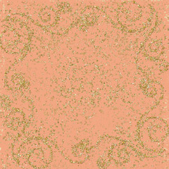 Peach background with elegant golden glitter swirls and sparkling decorative accents. Glamorous festive design ideal for invitations, party décor, scrapbooking, fashion graphics, and elegant projects.