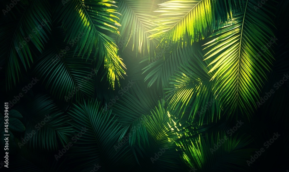 Poster a deeply green background serves as the setting for lush green palm leaves that create a vibrant bor