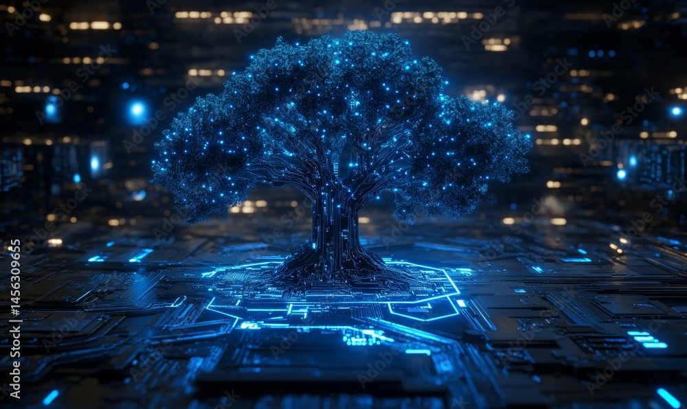 Poster the growth of digital networks and modern technology is represented by a luminous design resembling 