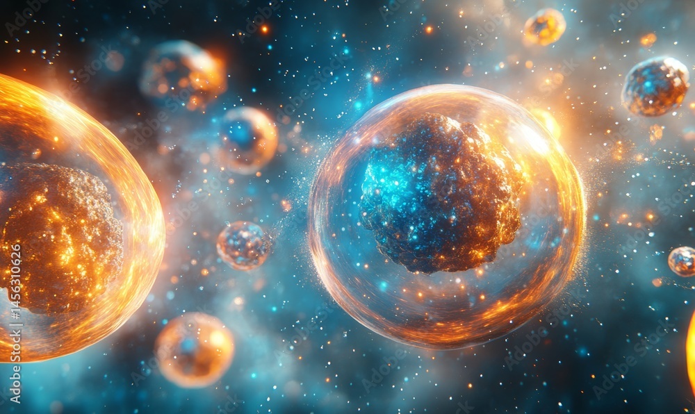 Poster a dynamic and detailed representation of cells, highlighting the basic elements of biological existe