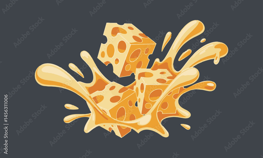 Fototapete modern vector illustration of swiss cheese cubes exploding with melted cheese splashes, easily scala