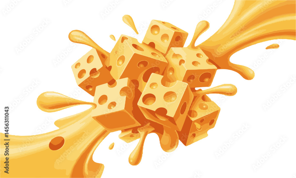 Fototapete modern vector illustration of swiss cheese cubes exploding with melted cheese splashes, easily scala