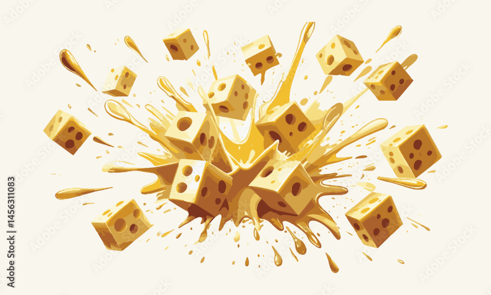 Fototapete modern vector illustration of swiss cheese cubes exploding with melted cheese splashes, easily scala