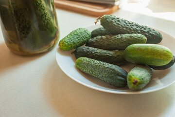 Fresh cucumbers from the garden on a plate and pickled cucumbers in a jar