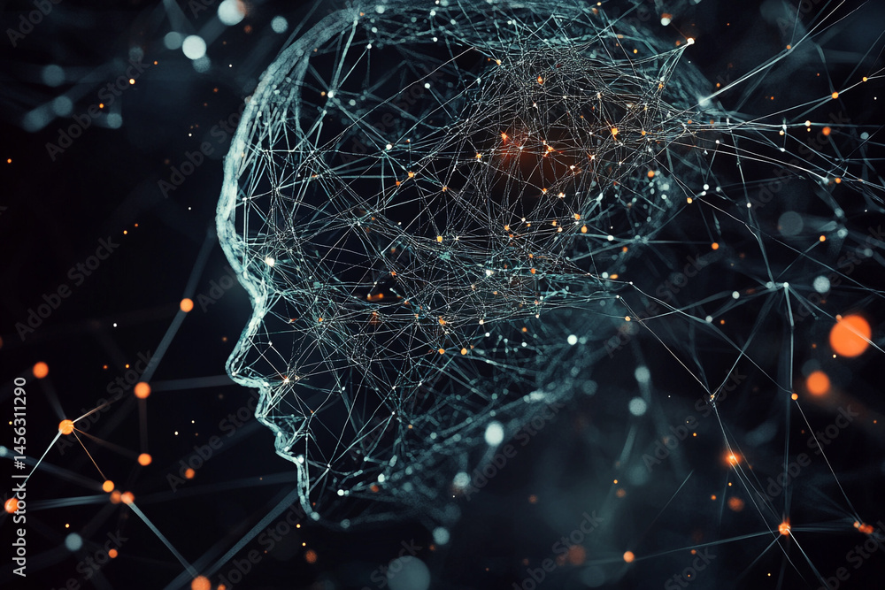 Aufkleber digital head profile connected by network lines and glowing nodes in dark space