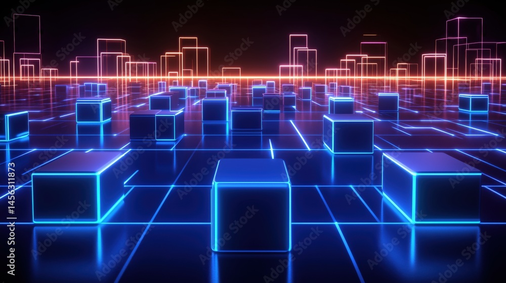 Poster neon cubes illuminate a digital landscape with vibrant colors and geometric patterns on a futuristic