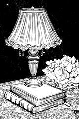 Antique Lamp On Lace-Covered Desk, coloring book style, vector graphic