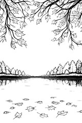Autumn Foliage Reflecting In Lake, coloring book style, vector graphic
