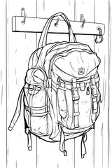 Backpack Hanging On Hostel Room Hook, coloring book style, vector graphic