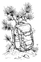 Backpack Leaning On Pine Tree, coloring book style, vector graphic