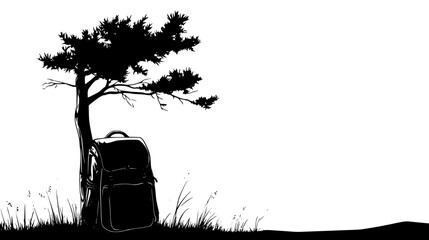 Backpack Leaning On Pine Tree, vector graphic