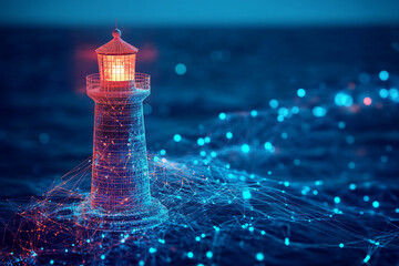 Luminous lighthouse standing tall amidst a digital network glowing in the dark ocean