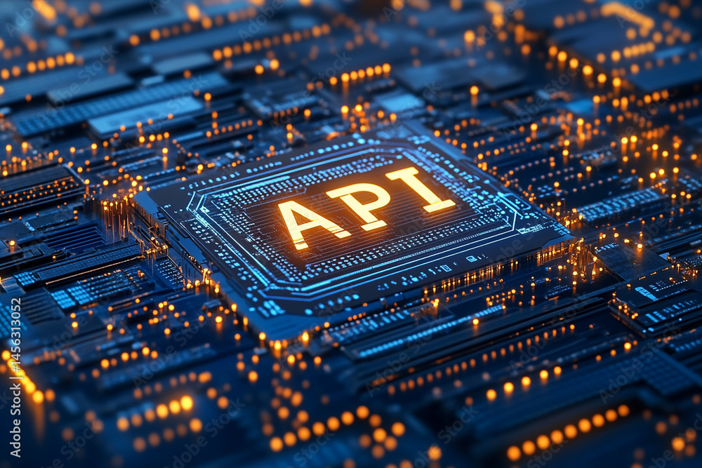 Poster api technology digital circuit board glowing lights modern tech