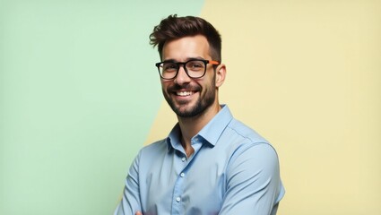 UX Researcher. Smiling young man with glasses wearing blue shirt isola