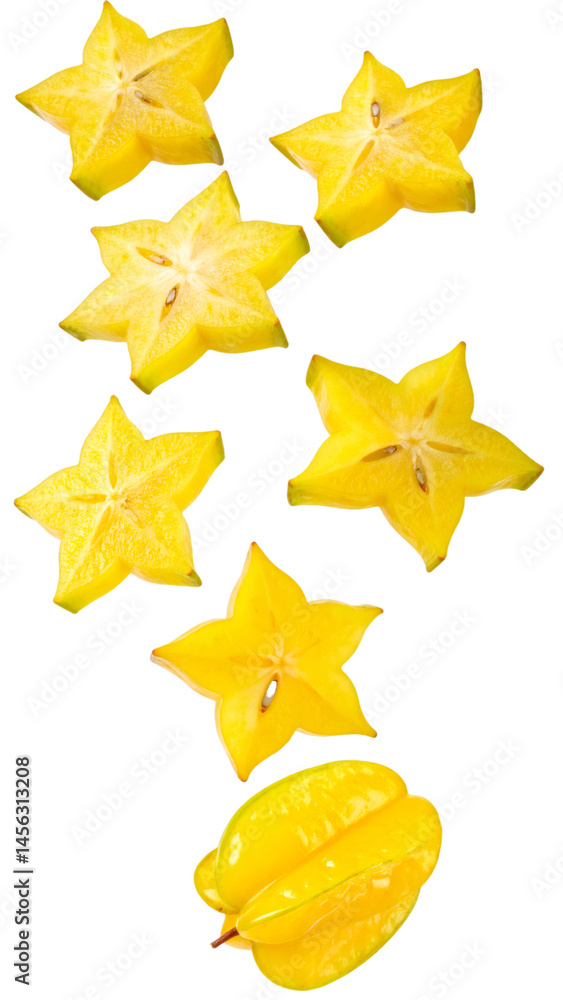 Poster multiple carambola slices falling with realistic texture and natural lighting on transparent backgro