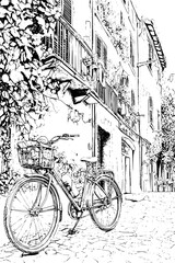 Bicycle Rental Outside Eco Hostel, coloring book style, vector graphic